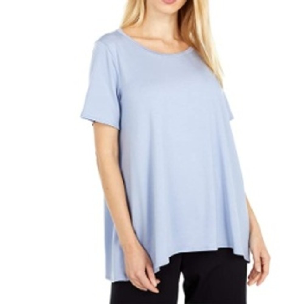 NWT Eileen Fisher Women's Blue High/Low Short Sleeve Shirt LG Tencel Jersey Soft